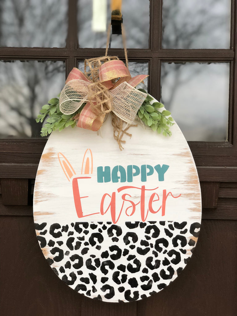Happy Easter Egg Shaped Leopard Door Hanger
