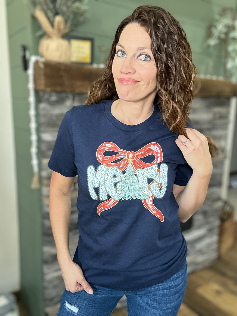 Merry Bow Navy Graphic Tee- Comfort Colors