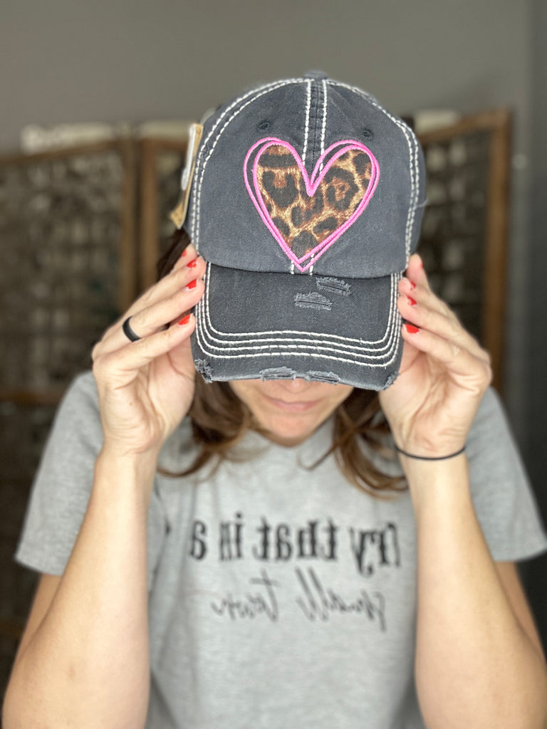 Leopard and Pink Heart Distressed Woman's Ball Cap