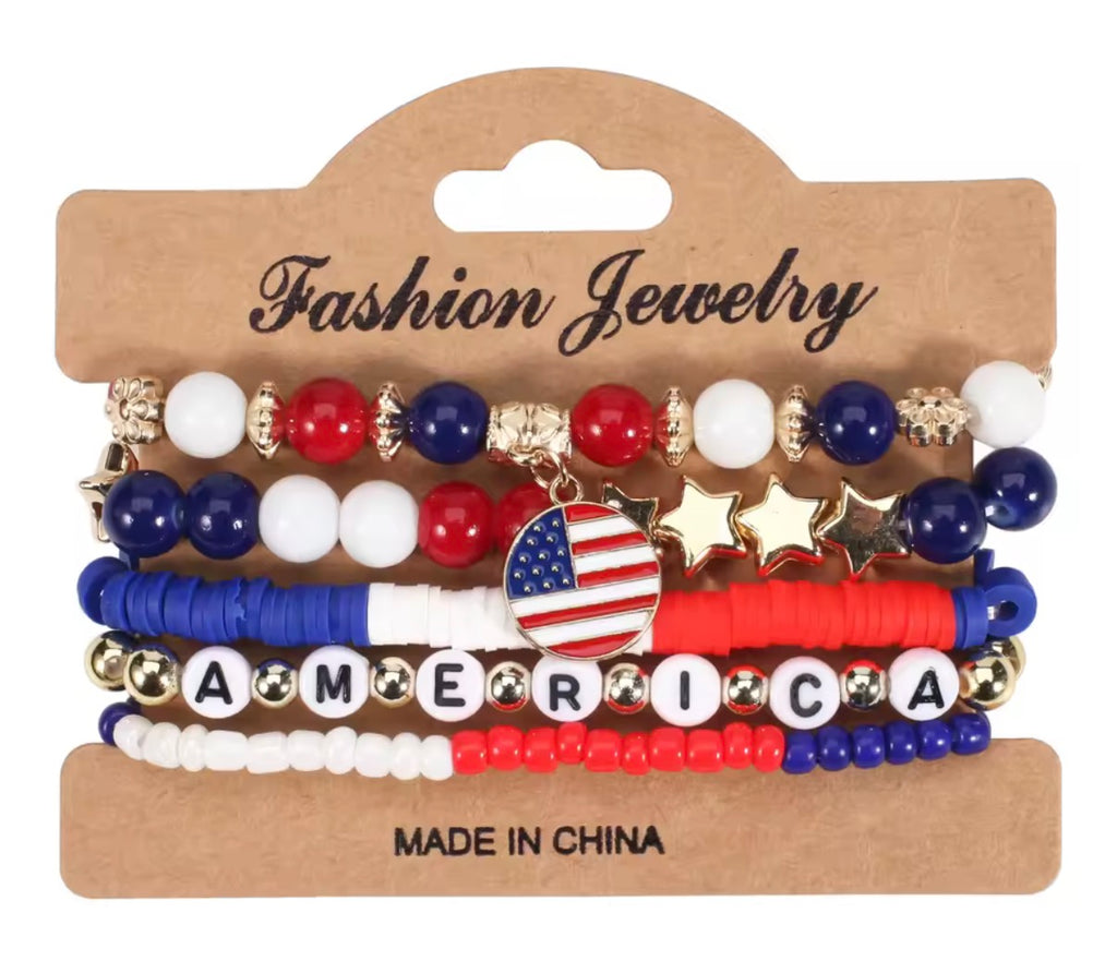 American Flag Element July Beaded Bracelet Stack