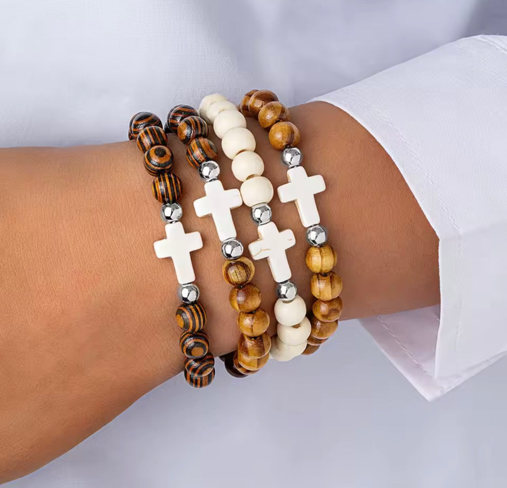 4 Piece Wooden Beaded Cross Bracelets