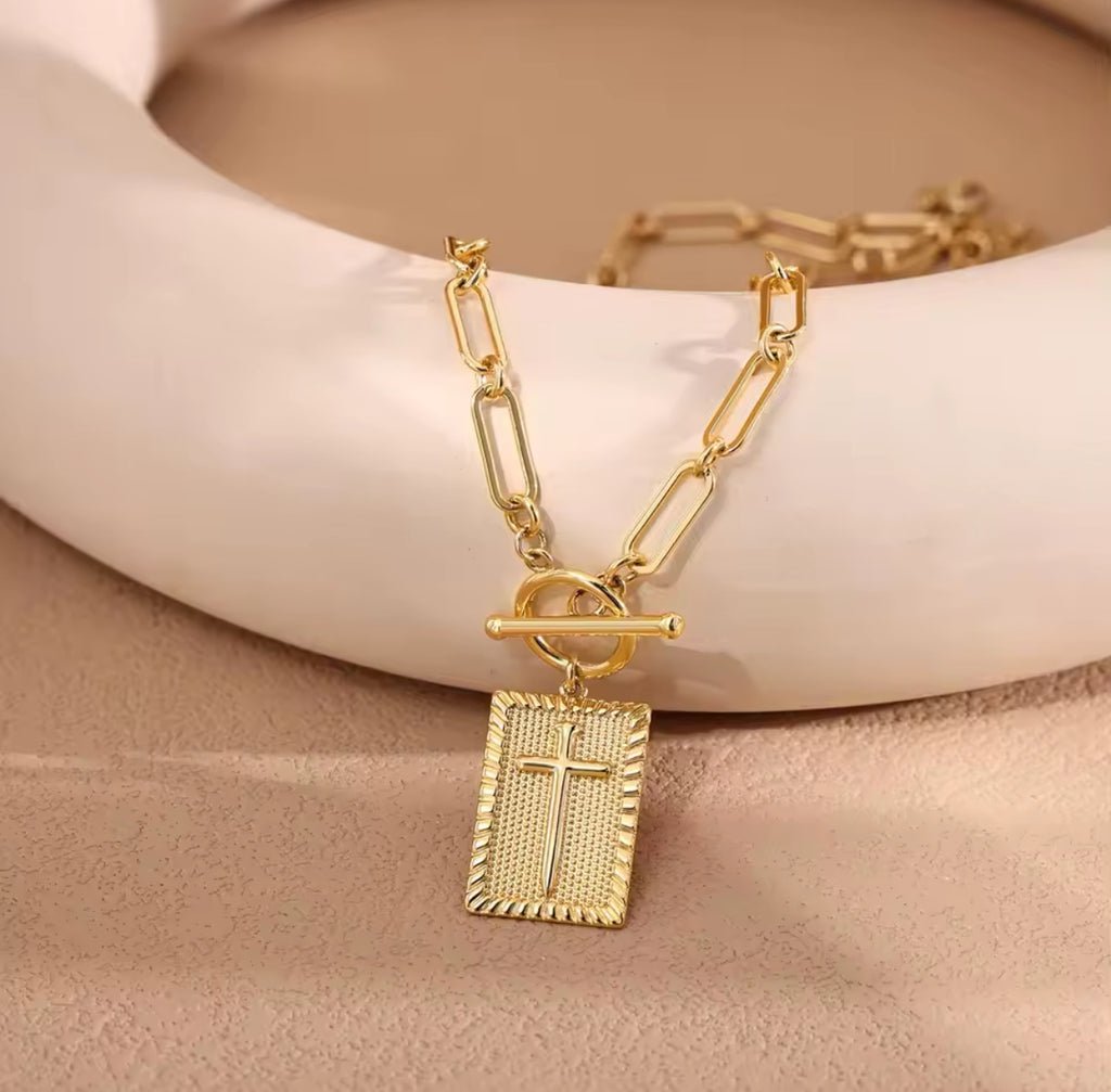 Gold Paper clip Cross Necklace