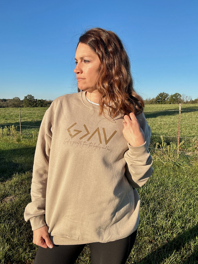 God is Greater Taupe Sweatshirt