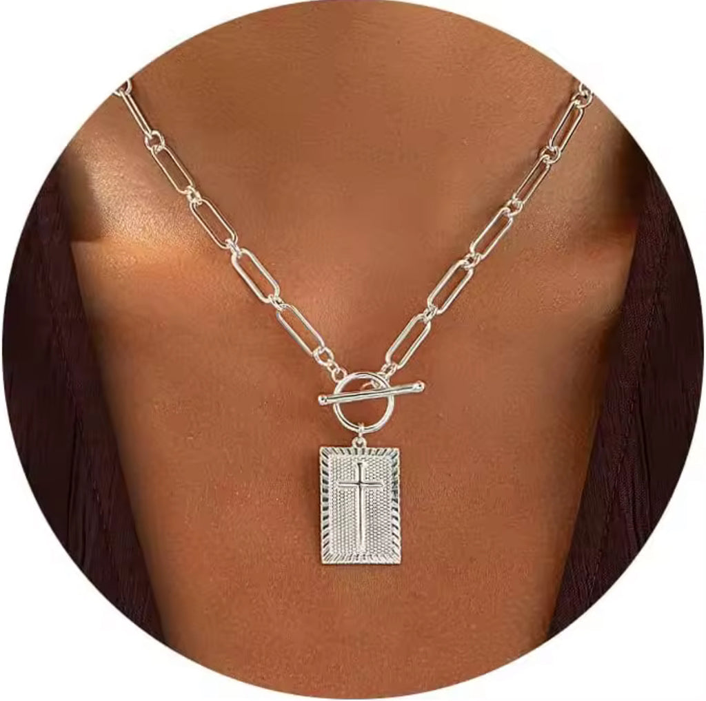 Gold Paper clip Cross Necklace