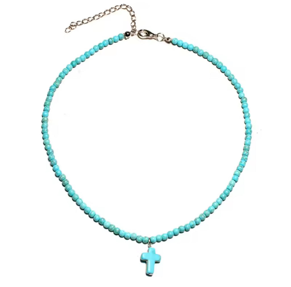 Teal Beaded Cross Necklace