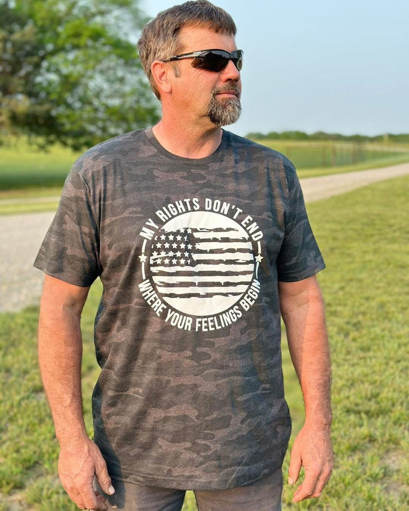 Black Camo My Right Don't End Where Your Feelings Begin Flag Patriotic Shirt