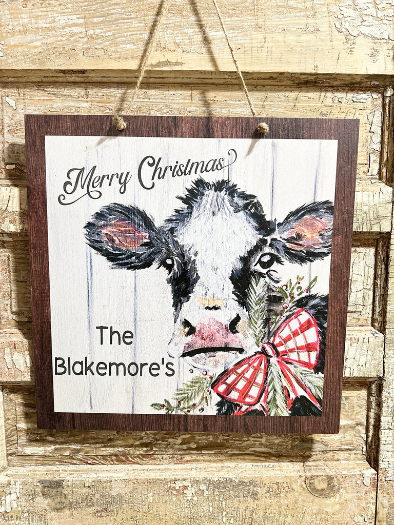 Hand Painted Christmas Cow with Bow-Personalize