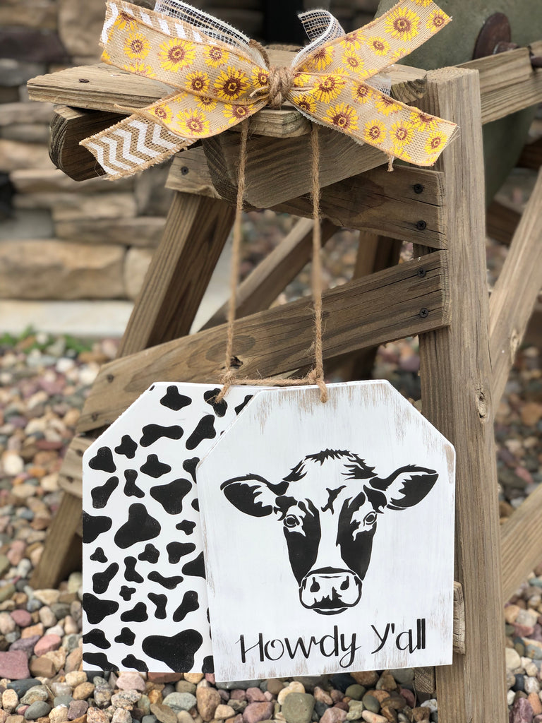 Howdy Y'all Cow Print Cow Head Door Tag with Bow