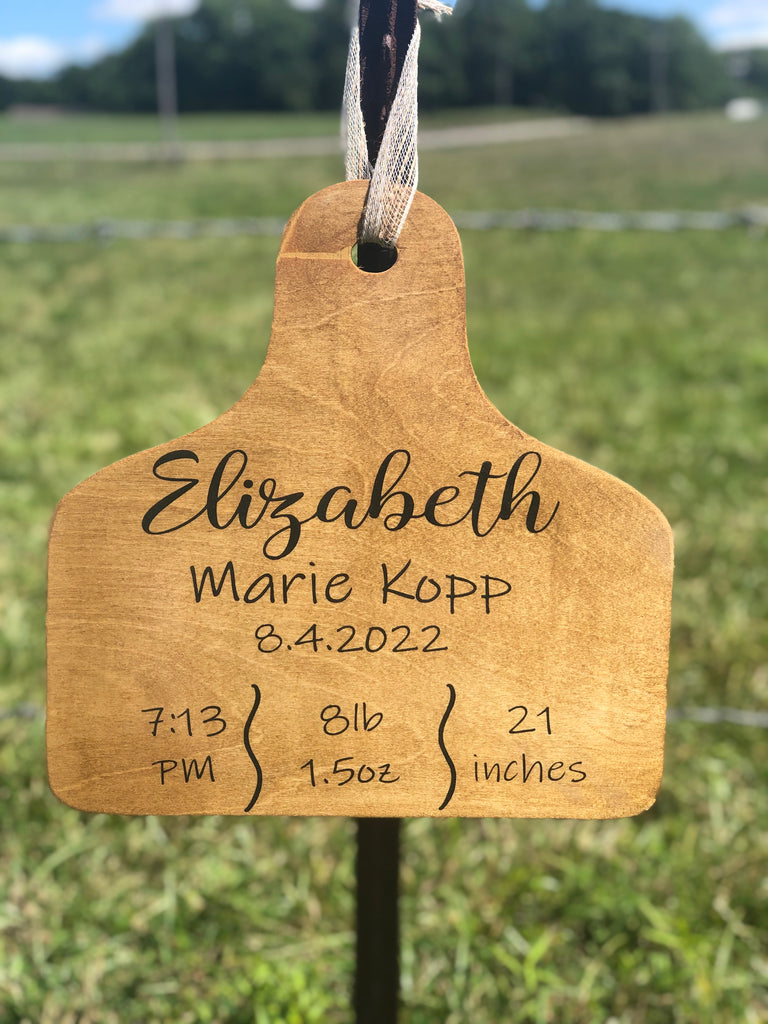 Cow Tag Baby Birth Announcement Wooden Sign