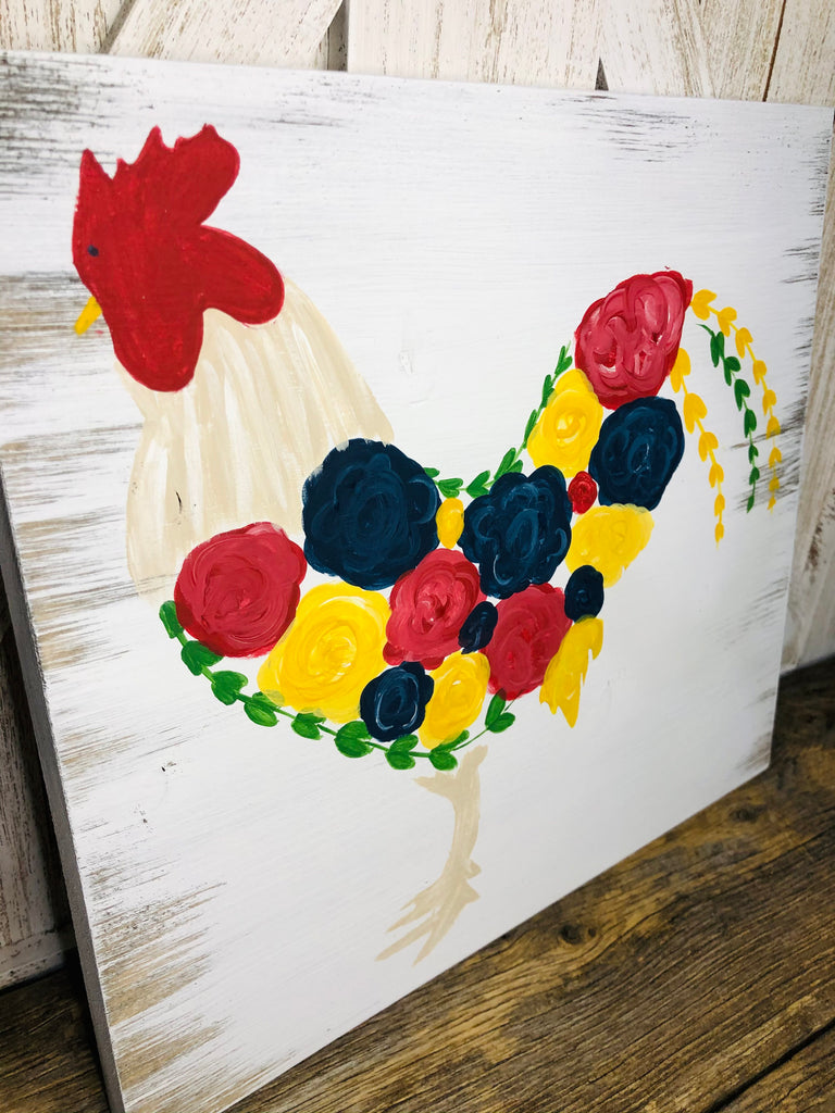 Painted Floral Rooster Silhouette Sign