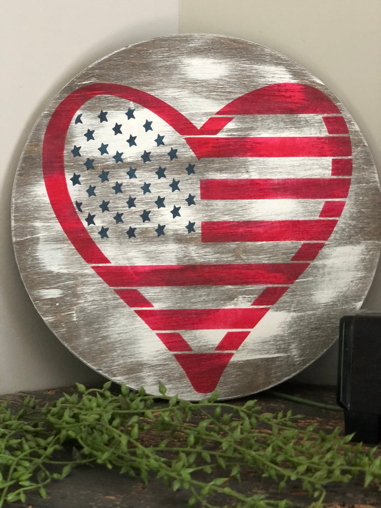 Distressed White American Flag Heart Round Sign